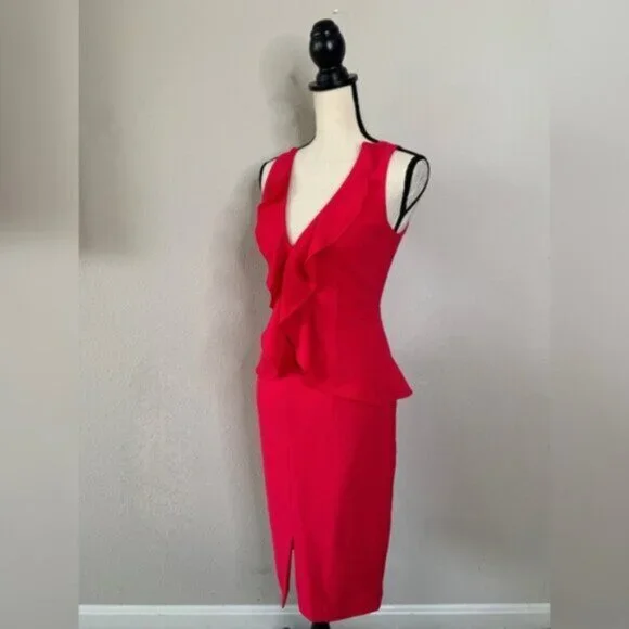 NWT Black Halo Pink Plunged Ruffle Neckline Sheath Dress Dresses